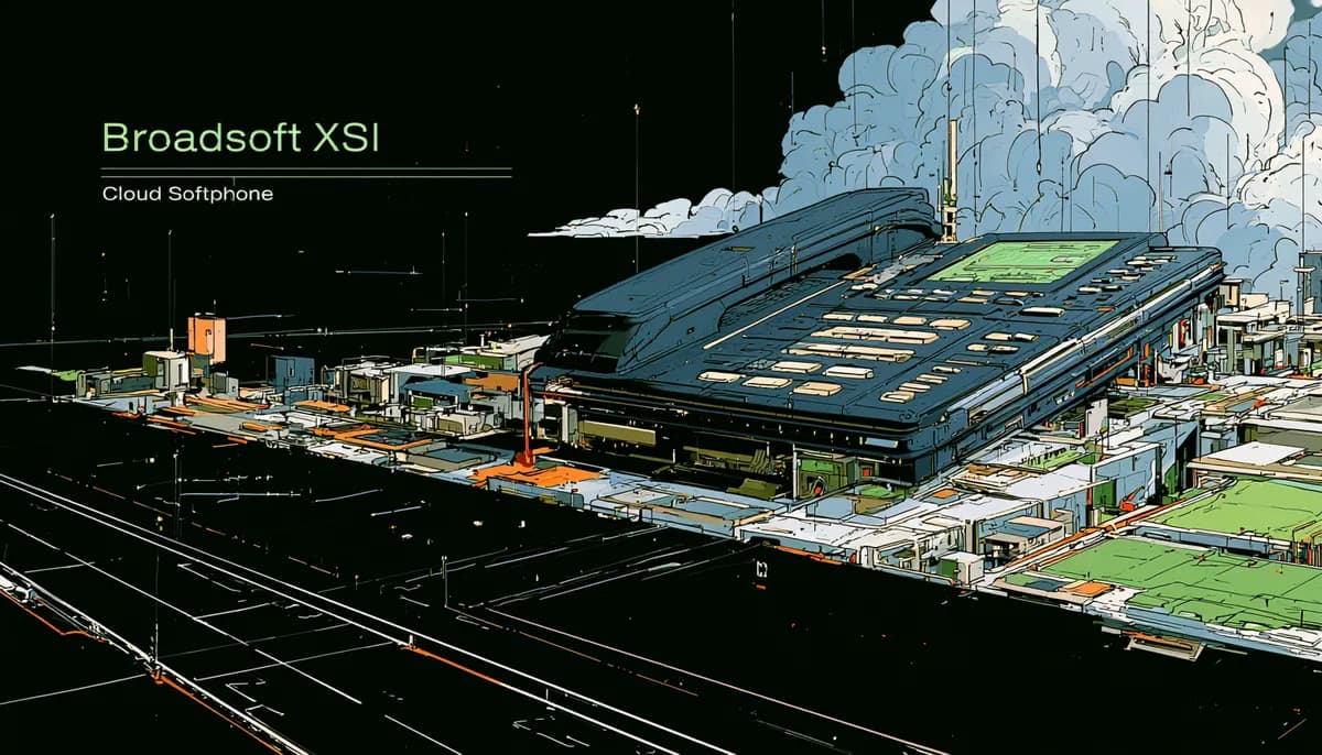 Isometric illustration of a carrier-grade BroadWorks deployment with branded Cloud Softphone screens, depicting native BroadSoft XSI integration for operators
