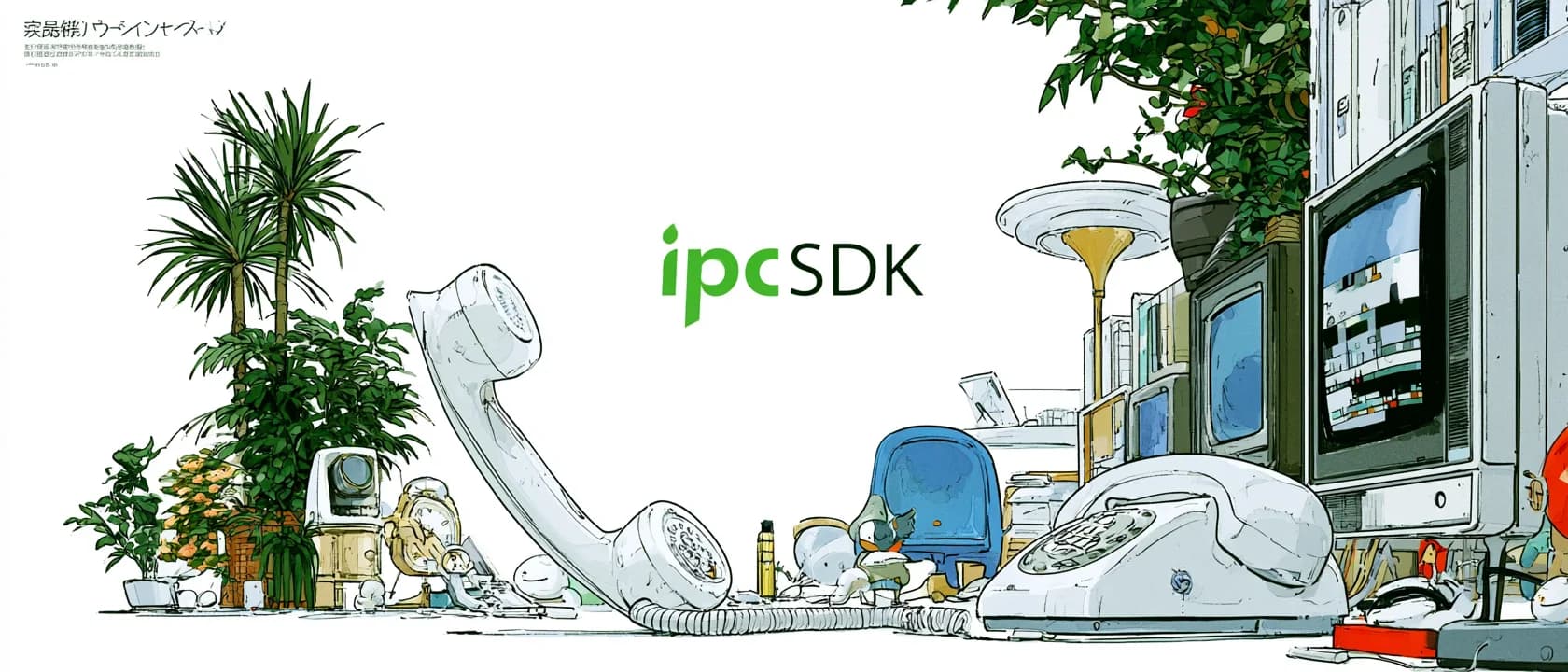ipc SDK title in an illustrated scene of retro telephones, monitors, and plants