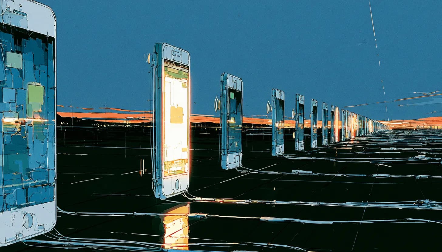 A row of softphones under a deep blue sunset, one branded app glowing brightly up front while the older blue MetaSwitch phones fade along the horizon, cables running across the dark ground