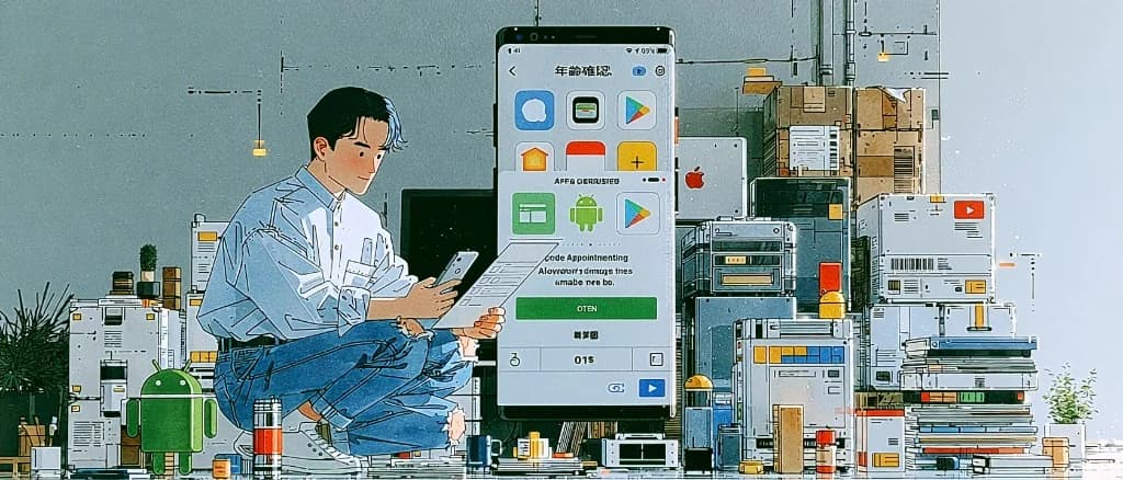 Illustration of age verification on a mobile app, with Android and Apple platform cues in a developer workspace